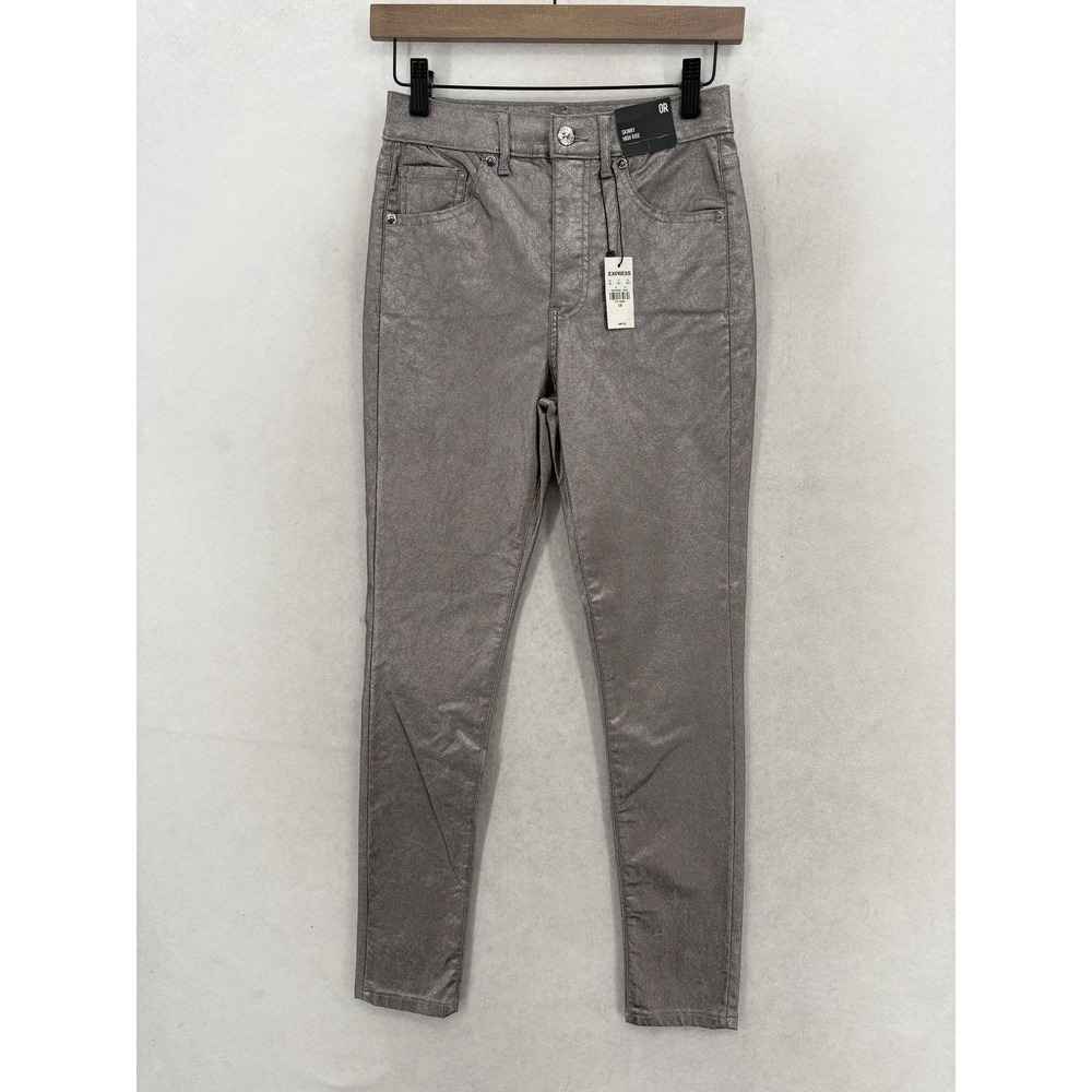 Express Skinny High Rise Jeans Womens 0 Silver Metallic Coated Stretch Preppy